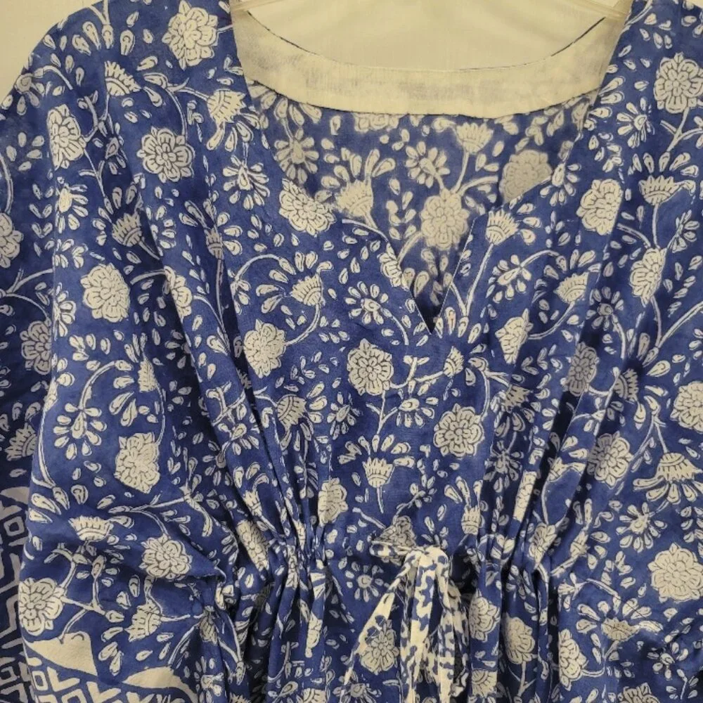 Women Blue & White Cotton Long Kaftan, Caftan Swimsuit Coverup. One size - Picture 4 of 7